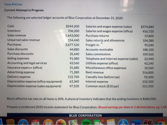 View Policies Current Attempt in Progress The following are selected ledger accounts of Blue Corporation at December 31, 2020