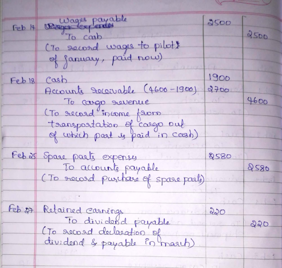 2500 Wages payabl feb 14 (Pepee expande 3500 To cash (To record wages to pilote of January, paid now) Feb 18 Cash 1900 Accoun