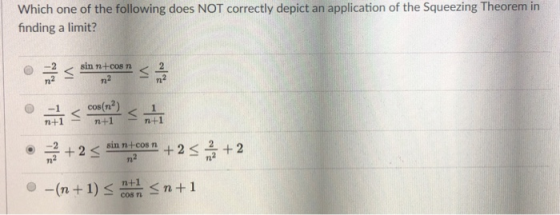 Which one of the following does NOT correctly depict an application of the Squeezing Theorem in finding a limit? @그< Tt cos(n