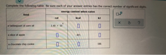 Complete the following table. Be sure each of your answer entries has the correct number of significant digits. energy conten