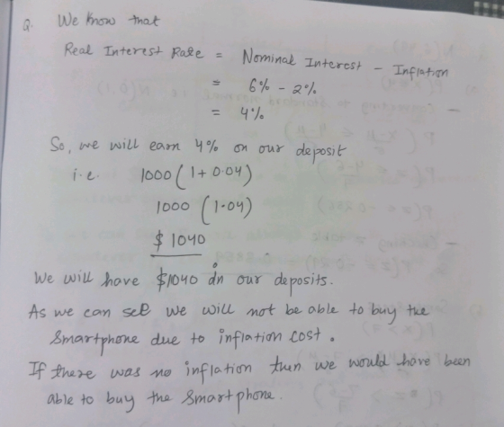 GWe hoo that Real Interes+ RoAe = Nominal Interest - Inflaton 4% So, we will earn y% on our depos, lodo (1-01) loy0 we uiㅥhove $/Oyo dn our deposits As we con sc we will mot be oble to buy te Smartphone, due to mfintidncost 。 If tuere was no inf1n thun we unll hove ben able to buy ta Smort phona
