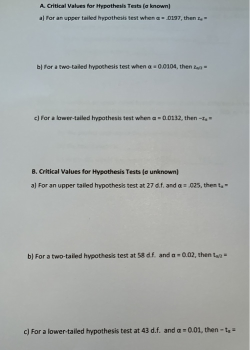 A. Critical Values for Hypothesis Tests (o known) a) For an upper tailed hypothesis test when a = .0197, then 2 = b) For a tw