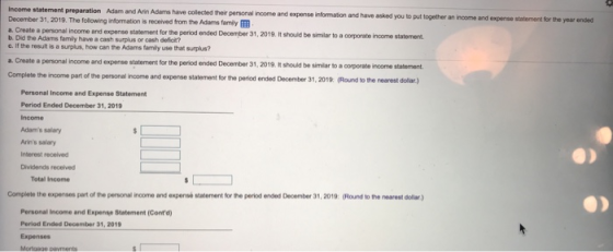 Income statement preparation Adam and Arin Adams have collected their personal income and expense information and have asked