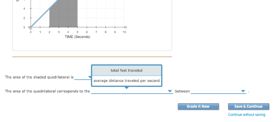 0 1 2345 6 7 8910 TIME (Seconds) total feet traveled The area of the shaded quadrilateral is average distance traveled per second The area of the quadrilateral corresponds to the between Grade It Now Save & Continue Continue without saving