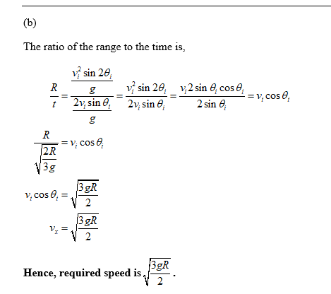 The ratio of the range to the time is, y sin 2θ sin 2 θ· 2 sin θ cos θ in 2R 3gR 3gR 3gR Hence, required speed