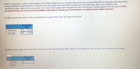 Irene is saving for a new car she hopes to purchase not pay dividends and expects a 6 percent annual before-tax return (the investment is tax deferred). When she investment after either four or six years, she expects the applicable marginal tax rate on long-term capital gai all requirements, do not round intermediate calculations. Round your final answers to nearest whole dollar emount.) either four or six years from now, Irene invests $12.000 in a growth stock that does t ns to be 25 percent. (For cashes in the o. What will be the value of this investment four years from now? Six years from now? Four years Six years $ 15,150 S 17.022 b. When lrene selis the investment how much cash will she have after taxes to purchase the new car four and six years from now)? Value Four years Six years