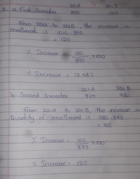 2013 a. First Semester 201 A 890 1010 from 2014 to 2018, the increase enrollment is LOLO - 890 = 120 % încrease 120 X100 890