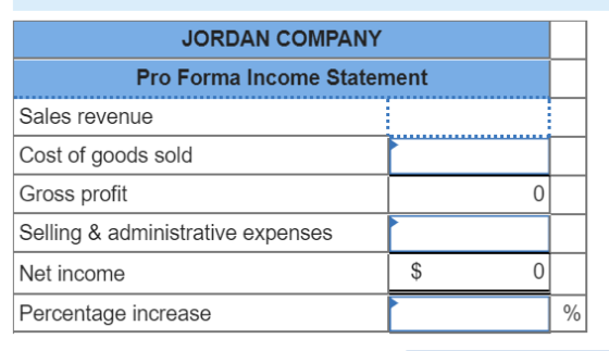JORDAN COMPANY Pro Forma Income Statement Sales revenue Cost of goods sold Gross profit 0 Selling & administrative expenses N