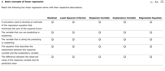 1. Basic concepts of linear regression Aa Aa Match the following key linear regression terms with their respective descriptions Residual Least Squares Criterion Response Variable Explanatory Variable Regression Equation A procedure used to develop an estimate of the regression equation that minimizes the sum of the squared errors The variable that you are predicting or explaining The variable that is doing the predicting or explaining The equation that describes the relationship between the response variable and the explanatory variable The difference between the observed value of the response variable and its predicted value