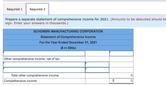 Required 1 Required 2 Prepare a separate statement of comprehensive income for 2021. (Amounts to be deducted should be sign.