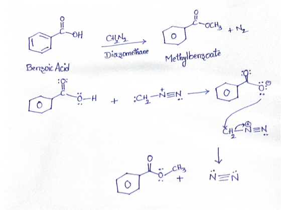 -OCH₂ OH + N₂ CHNY Dio zomethane Methylbenzoate Benzoic Acid : 82 OH :CH-NSN ENCAN J CH₃ + ů z