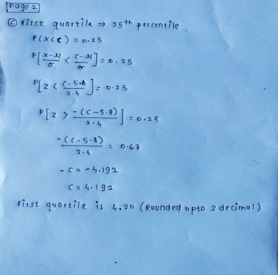 [Page 2 © first quartile = 25th percentile P(x<c) = 0.25 PLAY =0.25 9[z<5,= 0.25 P[z>-66-58)] -0.25 -(6-5-8) 0.67 2.4 - c= -