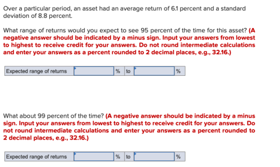Over a particular period, an asset had an average return of 6.1 percent and a standard deviation of 8.8 percent. What range o
