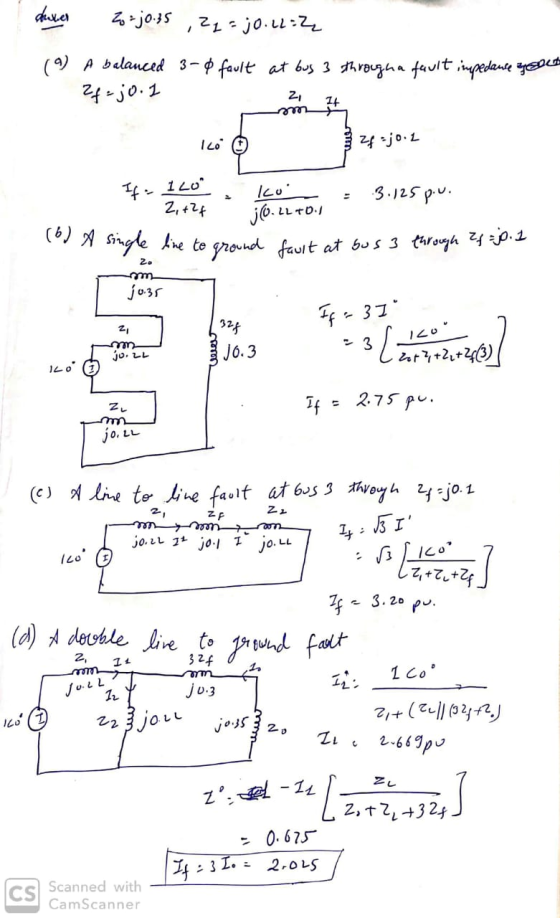 duner Zo=jo.35 , 2₂ = j0.12:2 (9) A balanced 3-0 fault at bus 3 througha fault impedause geot 2f =jo.1 21 H mm Ico e Zj0.2 +0