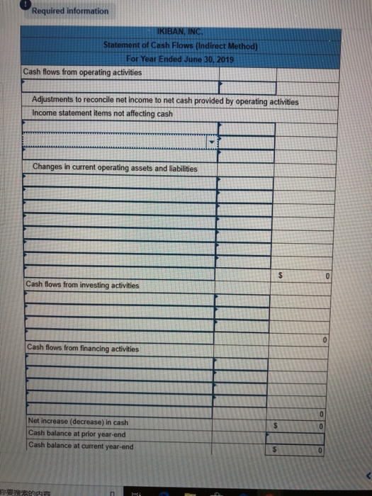 Required information IKIBAN, INC. Statement of Cash Flows (Indirect Method) For Year Ended June 30, 2019 Cash flows from oper