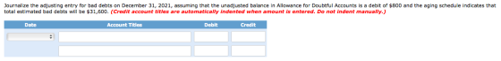 Journalize the adjusting entry for bad debts on December 31, 2021, assuming that the unadjusted balance in Allowance for Doub
