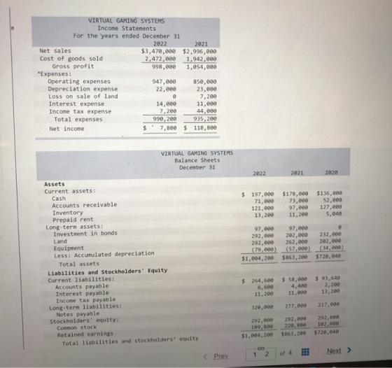 VIRTUAL GAMING SYSTEMS Income Statements For the years ended December 31 2022 2021 Net sales $3,470,000 $2,996,000 Cost of go