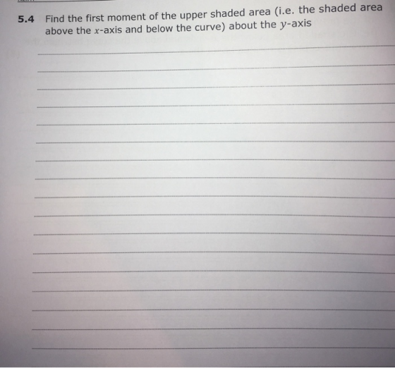 5.4 Find the first moment of the upper shaded area (i.e. the shaded area above the x-axis and below the curve) about the y-ax