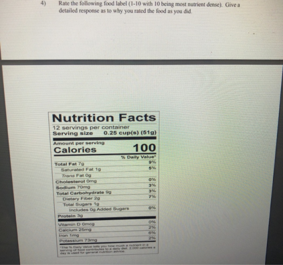 Rate the following food label (1-10 with 10 being most nutrient dense). Give a detailed response as to why you rated the food