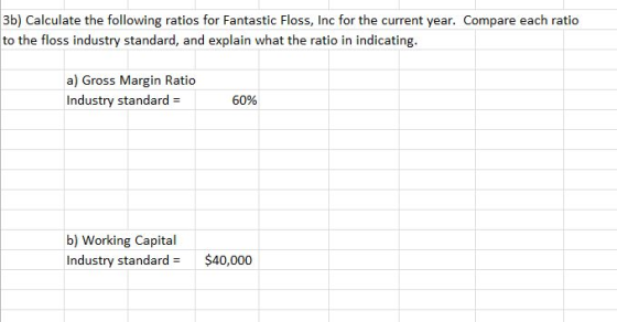 3b) Calculate the following ratios for Fantastic Floss, Inc for the current year. Compare each ratio to the floss industry st