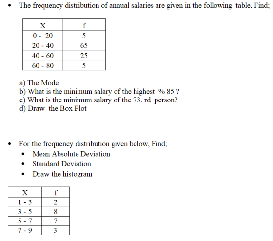 • The frequency distribution of annual salaries are given in the following table. Find; Х 0 - 20 20 - 40 40 - 60 60 - 80 5 65