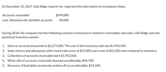 At December 31, 2017, Oak Ridge Imports Inc. reported this information on its balance sheet. Accounts receivable Less: Allowa