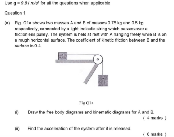 Use g = 9.81 m/s2 for all the questions when applicable Question 1 (a) Fig. Q1a shows two masses A and B of masses 0.75 kg an