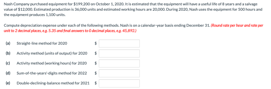 Nash Company purchased equipment for $199,200 on October 1, 2020. It is estimated that the equipment will have a useful life