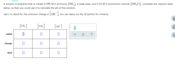 A solution is prepared that is initially 0.056 Min ammonia (NH3), a weak base, and 0.18 Min ammonium chloride (NH.C.). Comple