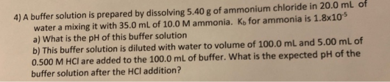 4) A buffer solution is prepared by dissolving 5.40 g of ammonium chloride in 20.0 mL of water a mixing it with 35.0 mL of 10