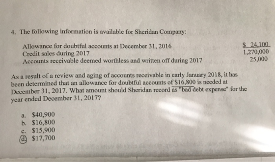 4. The following information is available for Sheridan Company: Allowance for doubtful accounts at December 31, 2016 Credit s