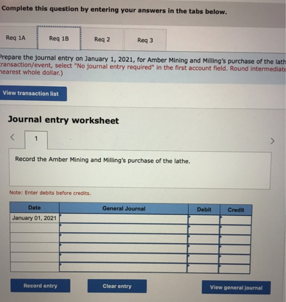 Complete this question by entering your answers in the tabs below. Req 1A Reg 1B Req 2 Reg 3 Prepare the journal entry on Jan
