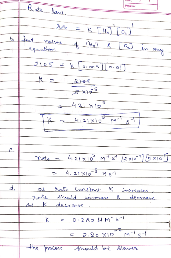 Page No.: Rate law, - hete = k [hu] [ou b. but nalme of [Hin] & equation thn & [₂) [ ] ; in any 2105_=_k [0.00 510.01) x = el