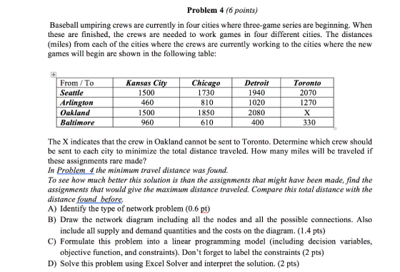 Problem 4 (6 points Baseball umpiring crews are currently in four cities where three-game series are beginning. When these are finished, the crews are needed to work games in four different cities. The distances (miles) from each of the cities where the crews are currently working to the cities where the new games will begin are shown in the following table: Chicago Detroit Toronto From. To Kansas City Seattle 1500 1730 1940 2070 Arlington 460 1020 810 1270 X Oakland 1500 1850 2080 Baltimore 960 610 400 330 The X indicates that the crew in Oakland cannot be sent to Toronto. Determine which crew should be sent to each city to minimize the total distance traveled. How many miles will be traveled if these assignments rare made? In Problem 4 the minimum travel distance was found To see how much better this solution is than the assignments that might have been made, find the assignments that would give the maximum distance traveled. Compare this total distance with the distance found before. A) Identify the type of network problem (0.6 pt) B) Draw the network diagram including all the nodes and all the possible connections. Also include all supply and demand quantities and the costs on the diagram. (1.4 pts) C) Formulate this problem into a linear programming model (including decision variables, objective function, and constraints. Dont forget to label the constraints (2 pts) D) Solve this problem using Excel Solver and interpret the solution. (2 pts)