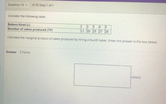 Question 10 of 25 Step 1 of 1 Consider the following table. Bakers hired (L) Number of cakes produced (TP) 1 2 3 4 5 11 20 25
