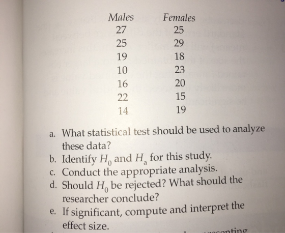 Males Females 27 25 25 9 10 16 22 14. a. What statistical test should be used to analyze these data? b. Identify H, and H for