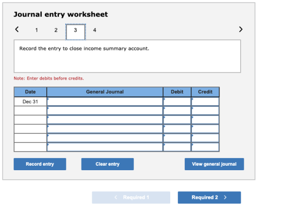 Journal entry worksheet < 1 2 3 4 > Record the entry to close income summary account. Note: Enter debits before credits. Date