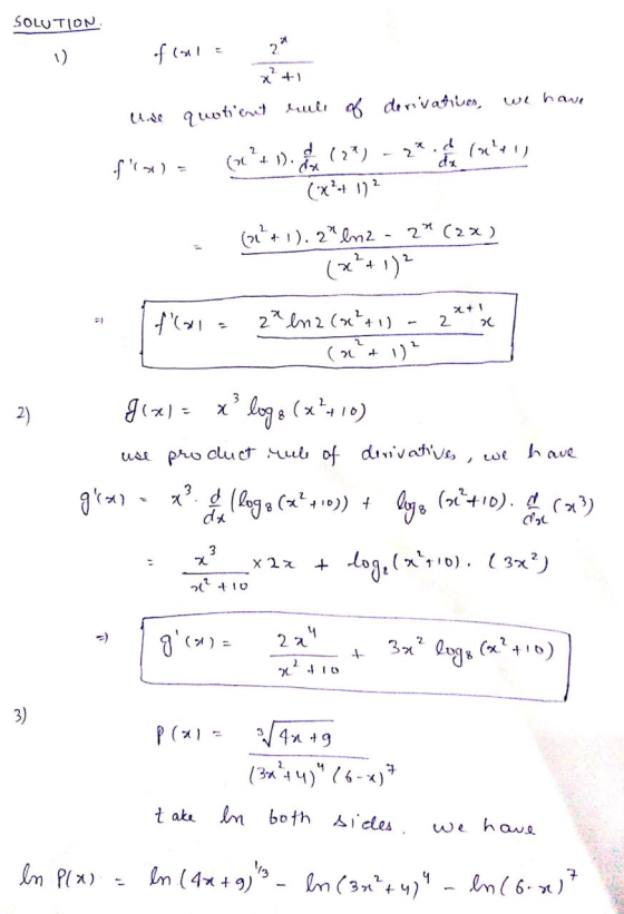 SOLUTION 1) of 15.1 2 x+) we have u.de quotient lule 7 derivatives, & (27) (+1) dx (ou?+ 1). (*?4172 (2+1). 2 ln2 2 (2x) 1