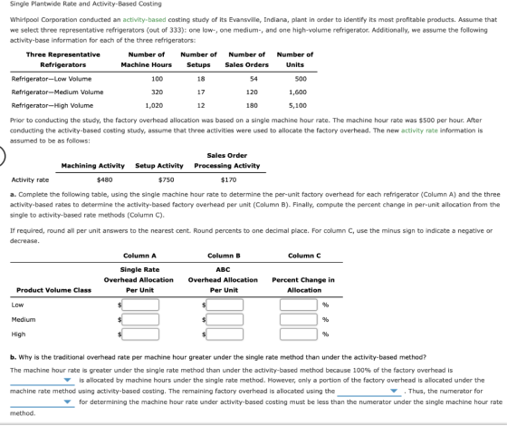 Single Plantwide Rate and Activity-Based Costing Whirlpool Corporation conducted an activity-based costing study of its Evans