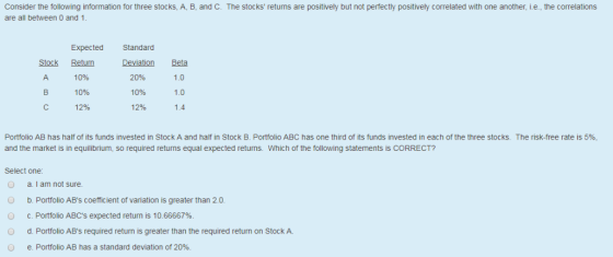 Consider the following information for three stocks, A, B, and C. The stocks returns are positively but not perfectly positi