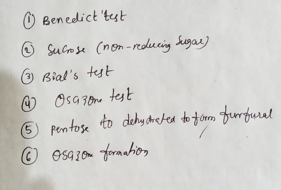 Benedict test % sucrose (non-reducing Sugar) 3) Bials test test 5) pentose formation ♡ Osa 3 One to dehydrated to form furf