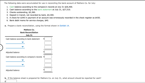 The following data were accumulated for use in reconciling the bank account of Mathers Co. for July: 1. Cash balance accordin