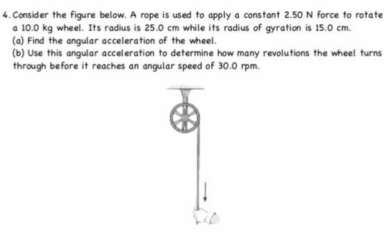 4. Consider the figure below. A rope is used to apply a constant 2.50 N force to rotate a 10.0 kg wheel. Its radius is 25.0 cm while its radius of gyration is 15.0 cm. (a) Find the angular acceleration of the wheel. (b) Use this angular acceleration to determine how many revolutions the wheel turns through before it reaches an angular speed of 30.0 rpm.