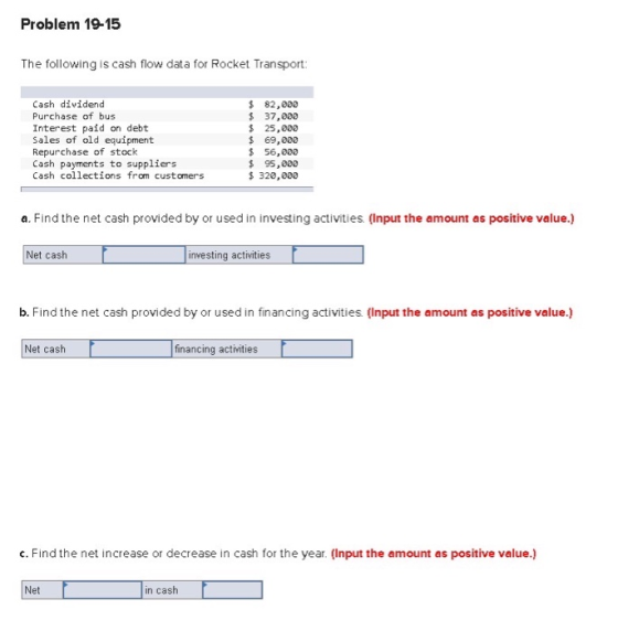 Problem 19-15 The following is cash flow data for Rocket Transport: Cash dividend Purchase of bus $82,000 $ 37,000 25,000 69,