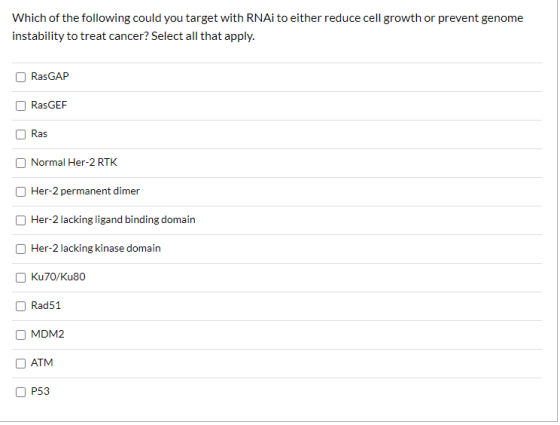 Which of the following could you target with RNAi to either reduce cell growth or prevent genome instability to treat cancer?