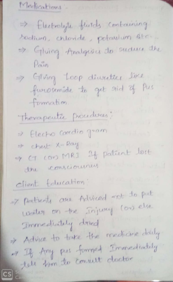 Medications - Electrologte fluids containing rodium chloride, potassium etc. Gluing Analgesics to auduce the - Giving Loop di