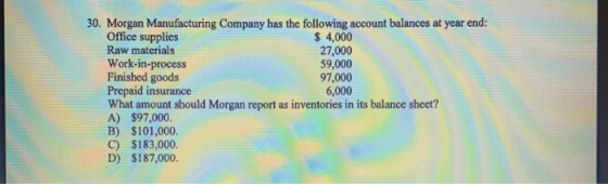 30. Morgan Manufacturing Company has the following account balances at year end: Office supplies $ 4,000 27,000 59,000 97,000
