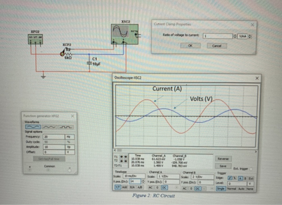 Current Clamp Properties XFG2 NUN Ratio of voltage to current: 1 VA OK Cancel хса R2 OW- C1 Oscilloscope-XSC2 Current (A) Vol