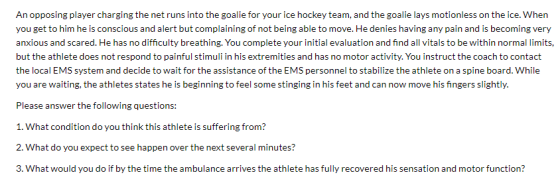 An opposing player charging the net runs into the goalie for your ice hockey team, and the goalie lays motionless on the ice.