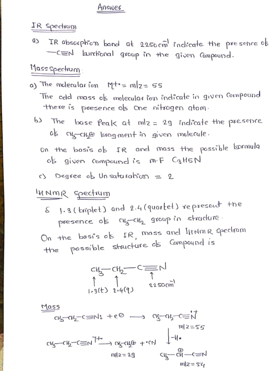 Answee TR Spectsum TR absocphon band at 2250cm indicate the pre sehre o CEN uchonal in the given Compound dnosБ Mass spectrum